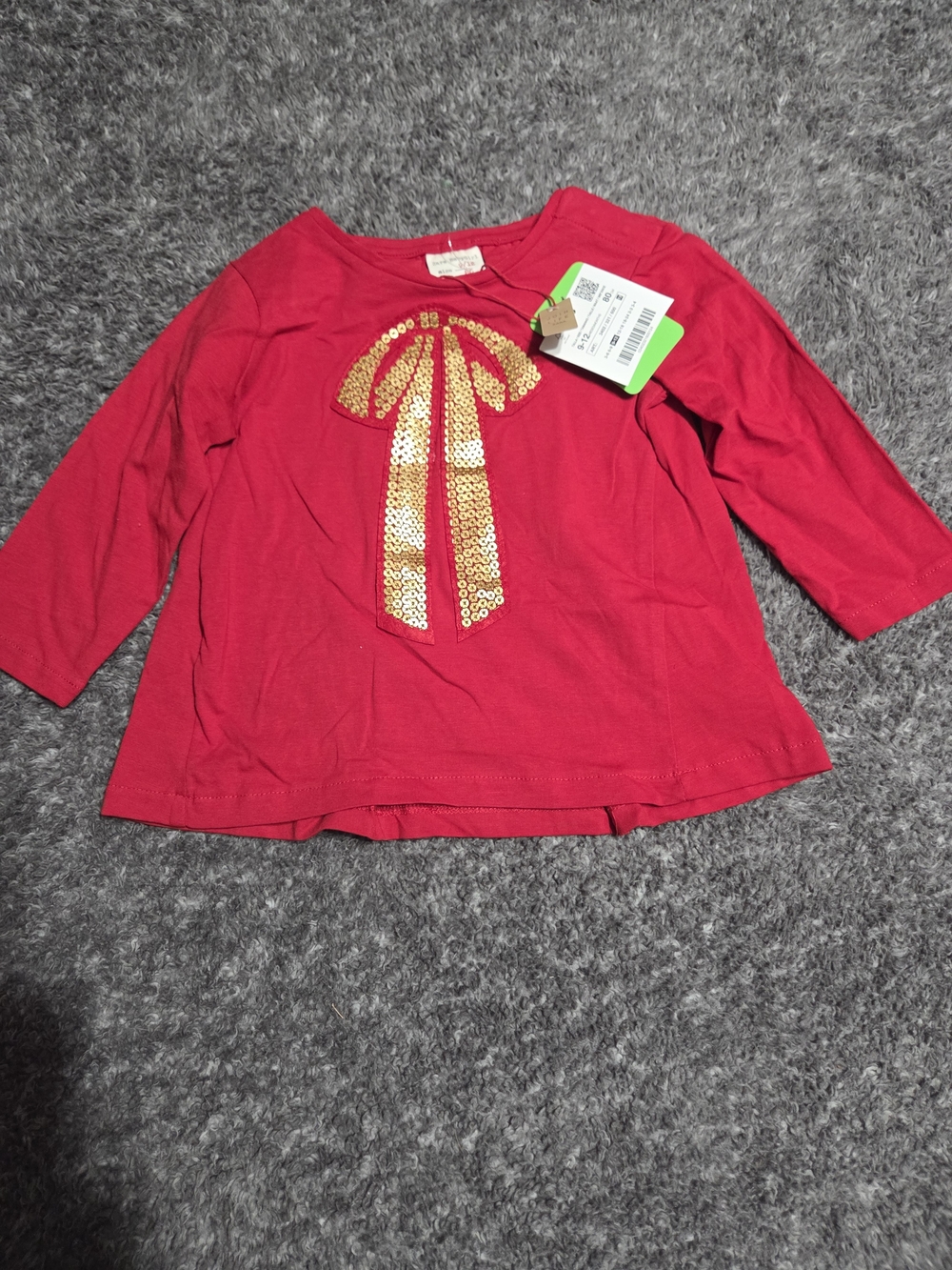 Zara Baby Girl Red Long-Sleeve Top with Gold Sequin Bow